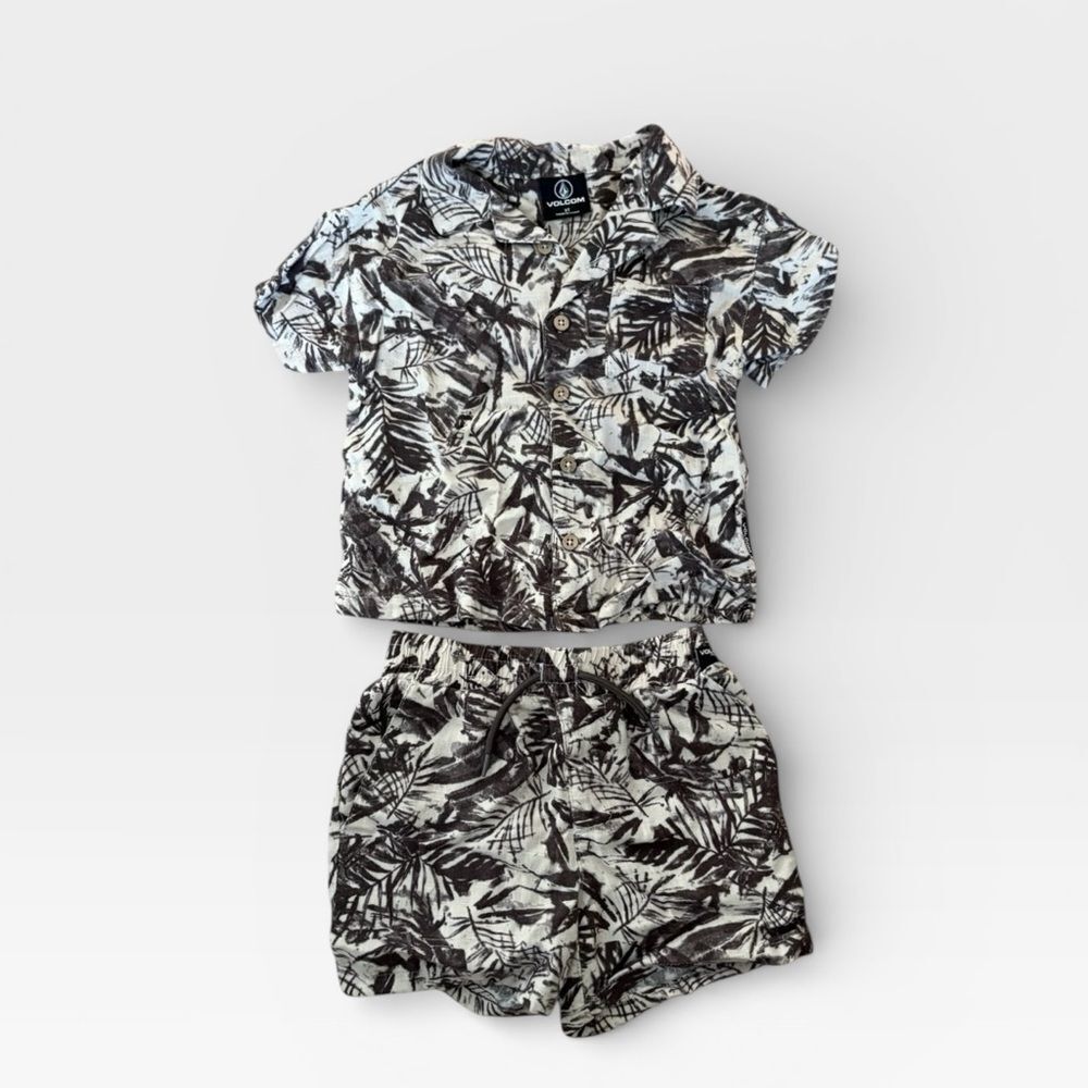 Volcom Tropical Set, Brown and Cream Leaf Print Shirt Shorts, 3T